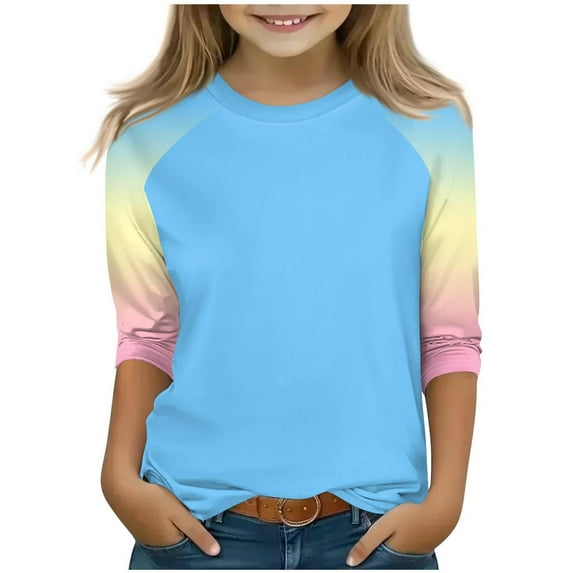 ZACPNCV 3/4 Length Sleeve Girls Tops Summer Three Quarter Striped Shirts Casual Loose Fit Soft Blouse Tees Blue 9-10 Years