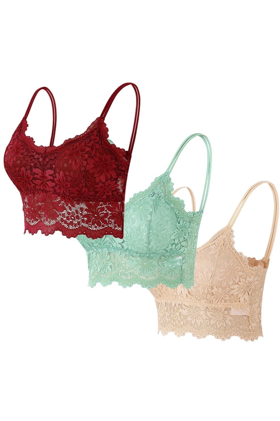 3PC Lace Bralettes for Women Padded Bralettes Lace Bra Bralettes Lace Lingerie for Women Girls with Removable Pads Burgundy XL