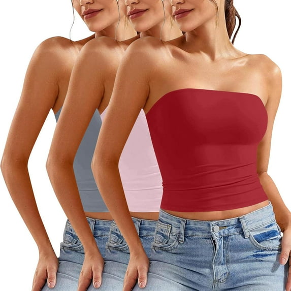 ZACPNCV 3PC Women's Shapewear Tube Tops Strapless Ruched Built-in Shelf Bra Casual Pink L
