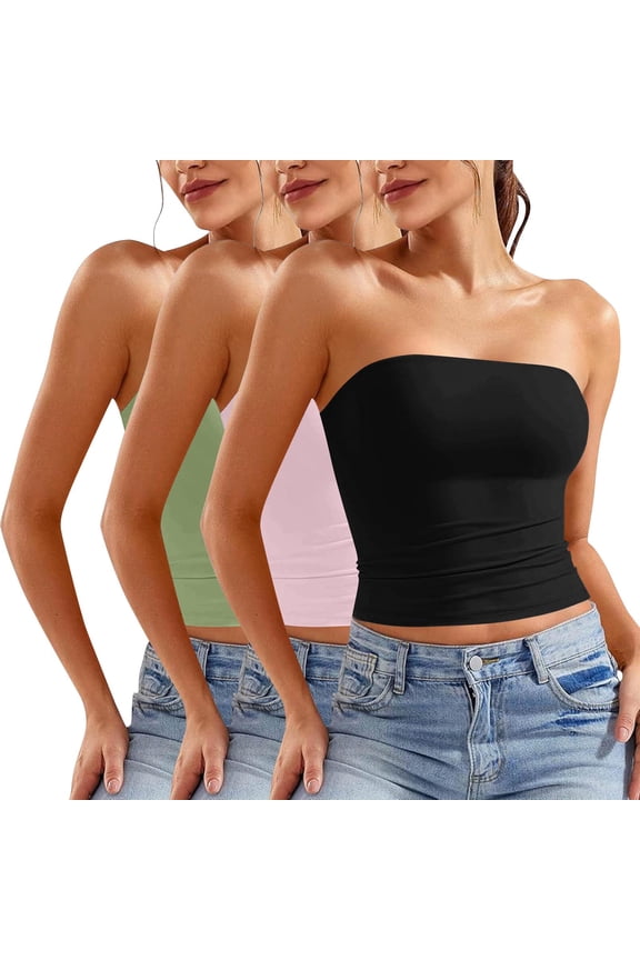 3PC Women's Shapewear Tube Tops Strapless Ruched Built-in Shelf Bra Casual Pink XL
