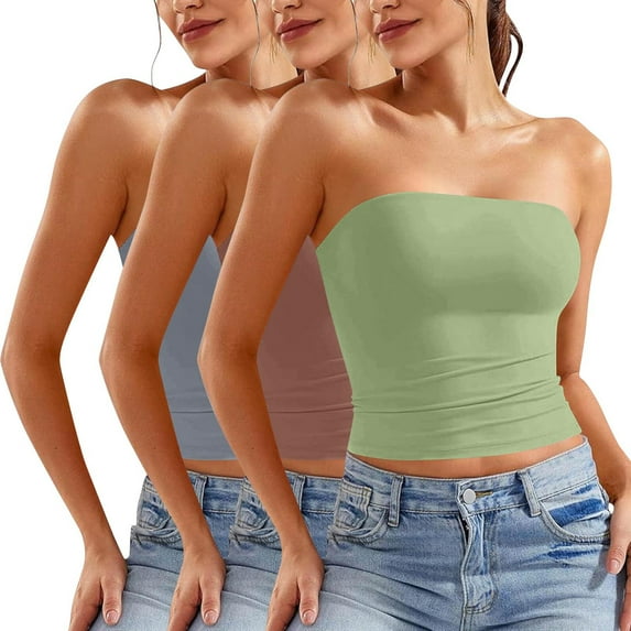 ZACPNCV 3PC Women's Shapewear Tube Tops Strapless Ruched Built-in Shelf Bra Casual Purple S