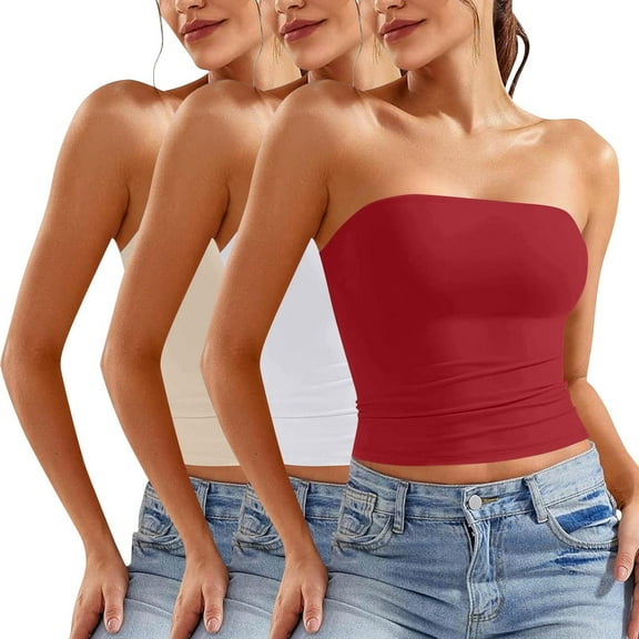 ZACPNCV 3PC Women's Shapewear Tube Tops Strapless Ruched Built-in Shelf Bra Casual Red S