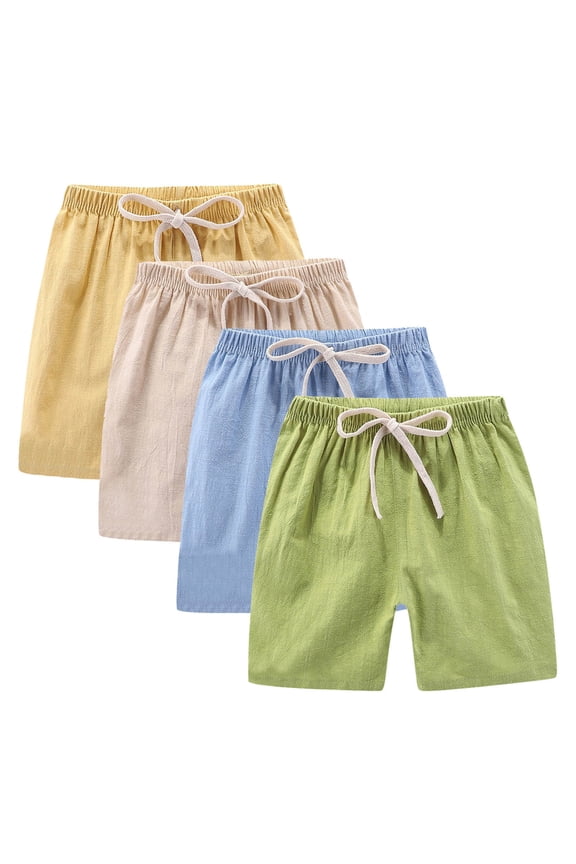 4PC Girls Bermuda Shorts Knee Length Summer Casual Cotton Linen Shorts Lightweight Elastic Waist Drawstring Short Pants Yellow 4-5 Years