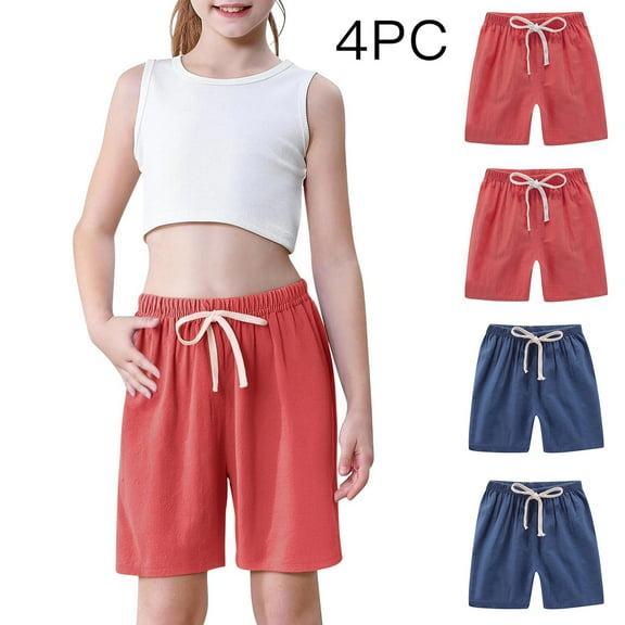 ZACPNCV 4PC Girls Casual Bermuda Shorts Kids Knee Length High Waisted Summer Shorts Linen Comfy Drawstring Short Pants Red 7-8 Years