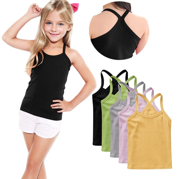 ZACPNCV 5 Pack Girls Dance Tank Tops Racerback Camisole Spaghetti Strap Camis Sleeveless Undershirts Ballet Gymnastics Wear Black 3-4 Years