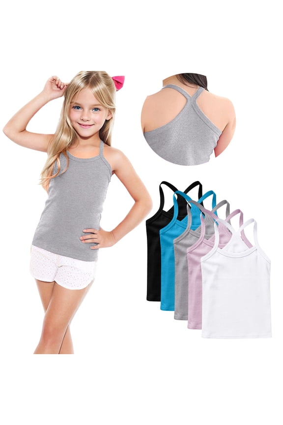 5 Pack Girls Dance Tank Tops Racerback Camisole Spaghetti Strap Camis Sleeveless Undershirts Ballet Gymnastics Wear Blue 6-7 Years