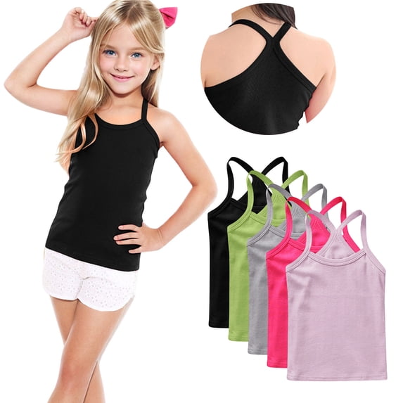 ZACPNCV 5 Pack Girls Dance Tank Tops Racerback Camisole Spaghetti Strap Camis Sleeveless Undershirts Ballet Gymnastics Wear Pink 6-7 Years