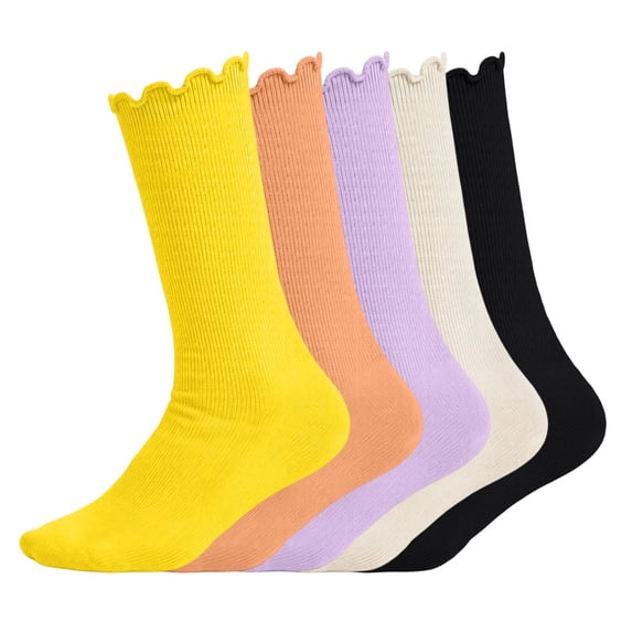 ZACPNCV 5 Pair Girls Ruffle Socks Cute Frilly Crew Socks for Toddler Kids Breathable Ribbed Knit Ankle Socks School Uniform Socks A-Yellow
