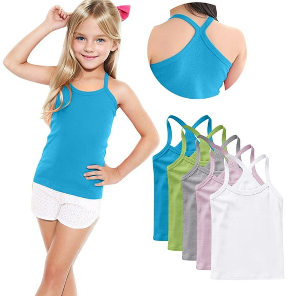 ZACPNCV 5PC Girls Dance Tank Tops Racerback Camisole Undershirts Summer Spaghetti Strap Sleeveless Crop Tops for Active Workout Tanks White 12-13 Years
