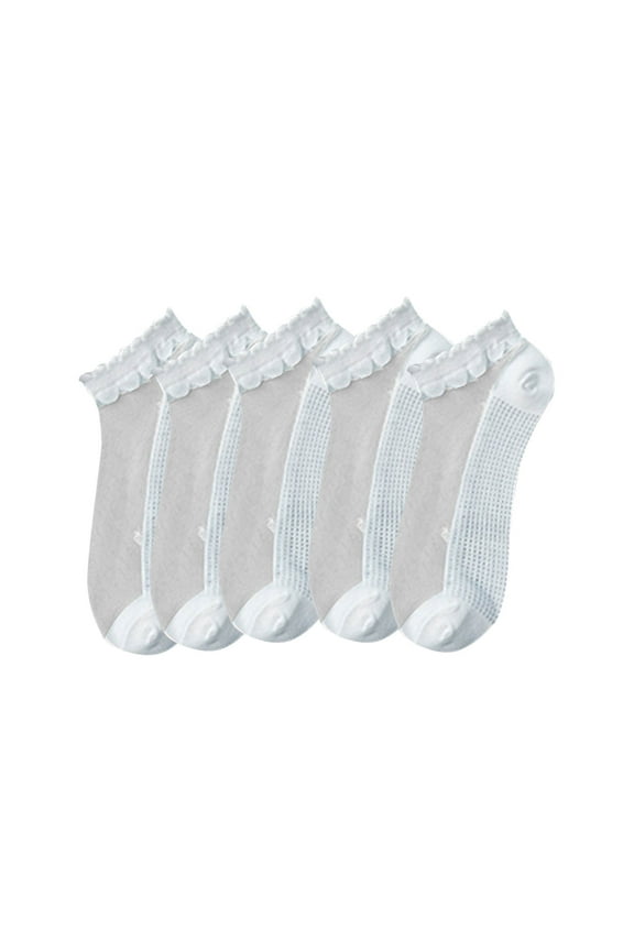 5PCS Women's Sheer Flower Patterned Casual Crew Socks Transparent Cute Summer Elastic Crystal Glass Sock for Women and Girls White Free Size