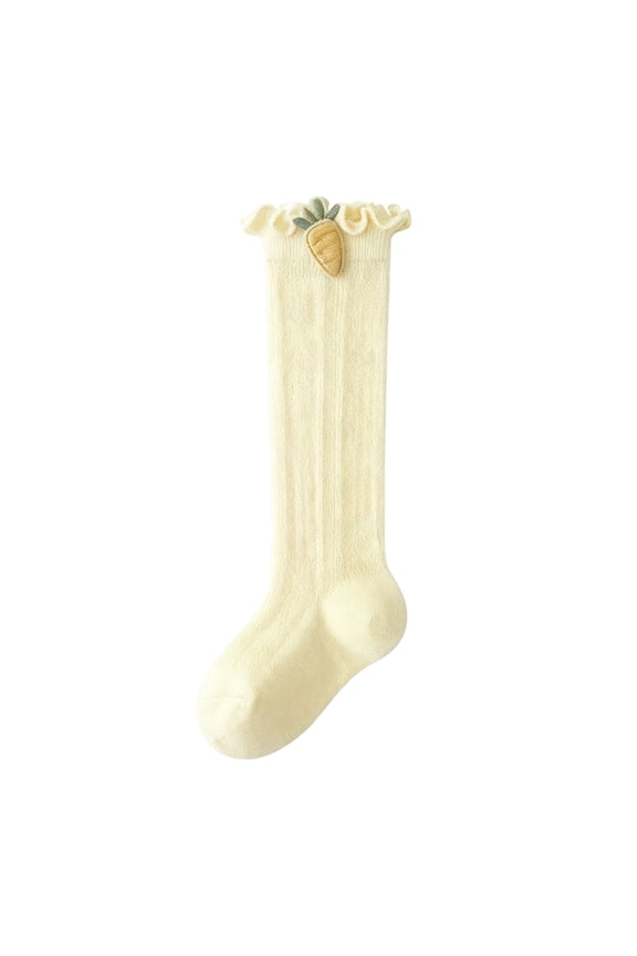 ZACPNCV Baby Boys Girls Mesh Long Socks Ruffled Cuff Cute Carrot Embroidery Knee High Socks Soft Loose Non Binding Leg Warmer Socks Beige