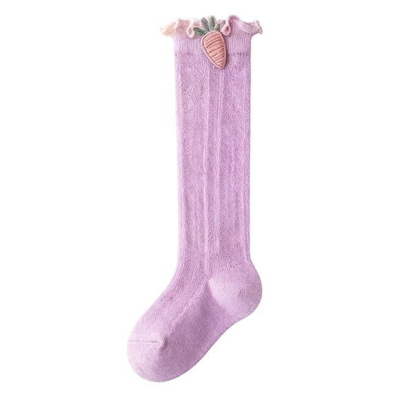 ZACPNCV Baby Boys Girls Mesh Long Socks Ruffled Cuff Cute Carrot Embroidery Knee High Socks Soft Loose Non Binding Leg Warmer Socks Purple