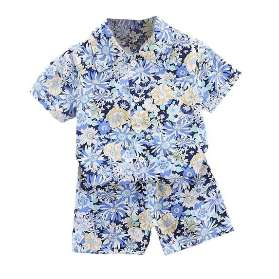 ZACPNCV Baby Boys Outfits Clothes Set Toddler Kids Newborn Floral Print Short Sleeve Shirt Pullover Tops and Shorts Blue 2-3 Years