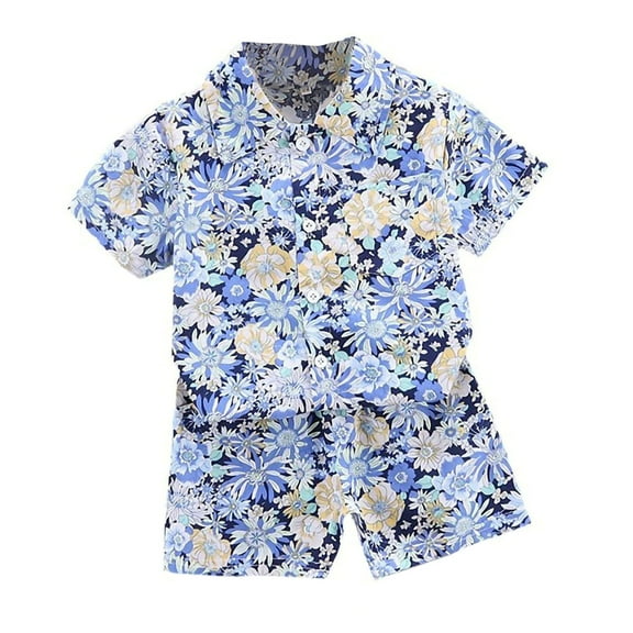 ZACPNCV Baby Boys Outfits Clothes Set Toddler Kids Newborn Floral Print Short Sleeve Shirt Pullover Tops and Shorts Blue 2-3 Years