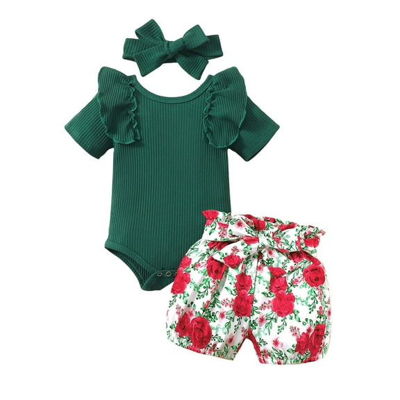 ZACPNCV Baby Girl Clothes Infant Summer Outfits Set Ruffle Sleeve Romper and Floral Shorts with Headband Green 6-9 Months