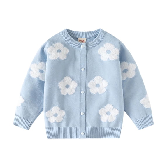 ZACPNCV Baby Girls Knitted Cardigan Sweater Crewneck Knit Crochet Button Closure Cardigan Tops Coat Outwear for Toddler Blue 3-4 Years