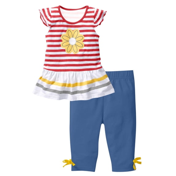 ZACPNCV Baby Girls Summer Clothes Casual Clothing Suit Daisy Printed Short Sleeve Striped T-Shirt +Pants Red 1-2 Years