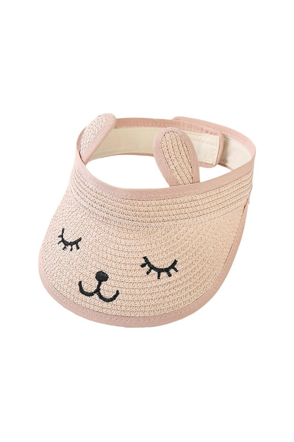Baby Roll-up Straw Visor Hat Sun Hat Kid Wide Cute Bunny Summer Beach Hat Pink 2-6 Years