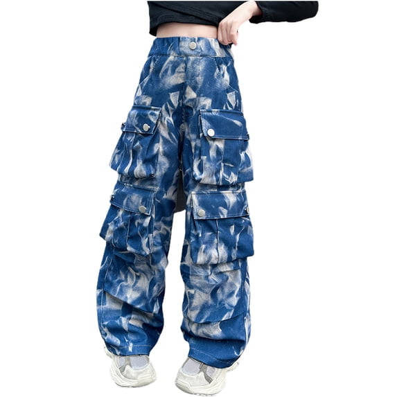 ZACPNCV Baggy Jeans for Girls Star Patchwork Denim Pants High Waisted Wide Leg Trousers Streetwear Blue 10-12 Years