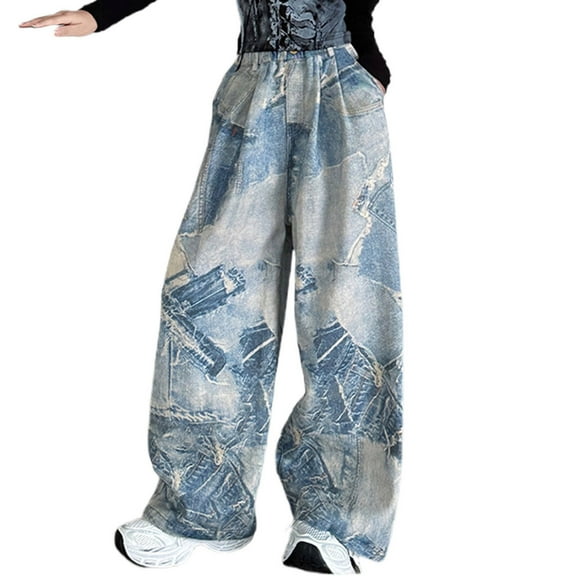 ZACPNCV Baggy Jeans for Girls Star Patchwork Denim Pants High Waisted Wide Leg Trousers Streetwear Blue 10-12 Years