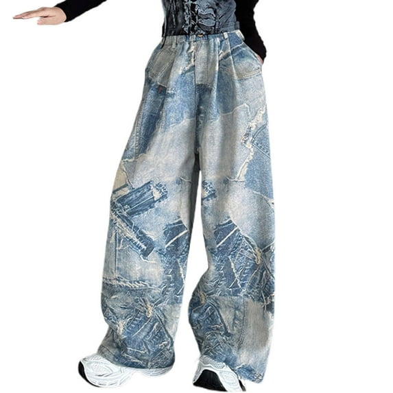 ZACPNCV Baggy Jeans for Girls Star Patchwork Denim Pants High Waisted Wide Leg Trousers Streetwear Blue 5-7 Years