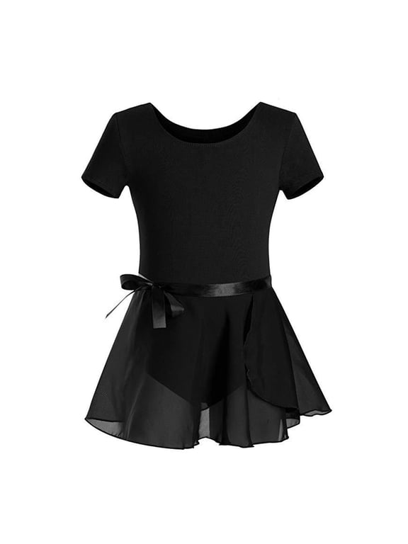 Ballet Leotards for Girls Short Sleeve Toddler Dance Leotard Outfits with Skirt Classic Black 2-3 Years
