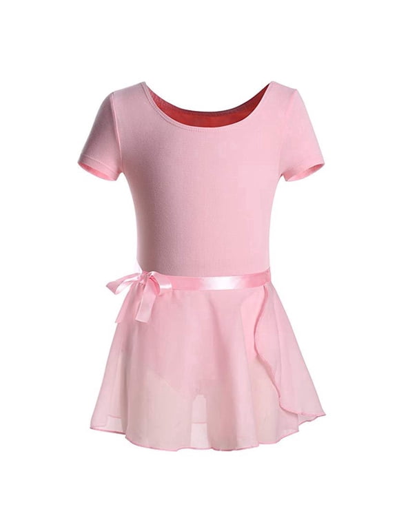 Ballet Leotards for Girls Short Sleeve Toddler Dance Leotard Outfits with Skirt Classic Pink 4-5 Years