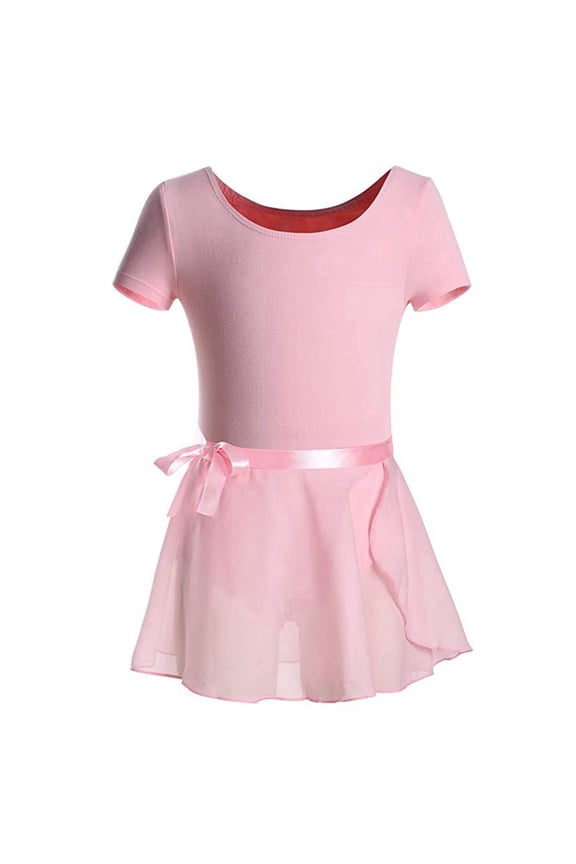 Ballet Leotards for Girls Short Sleeve Toddler Dance Leotard Outfits with Skirt Classic Pink 4-5 Years