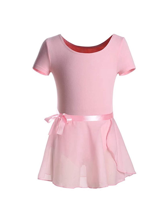 Ballet Leotards for Girls Short Sleeve Toddler Dance Leotard Outfits with Skirt Classic Pink 6-7 Years