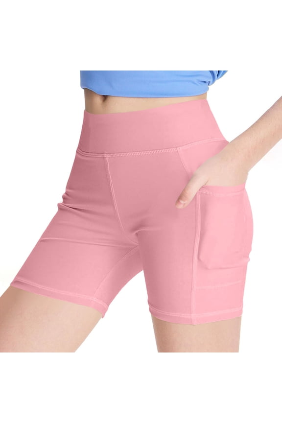 Biker Shorts Girls with Pockets High Waisted Workout Spandex Tummy Control Gym Running Yoga Shorts Pink 8-9 Years