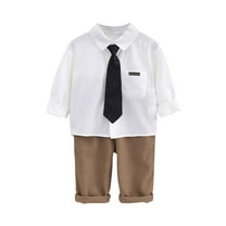ZACPNCV Boy Formal Suits Wedding Outfit Long Sleeve Button Down Dress Shirt Bow Tie Suspender Pants Gentleman Khaki 8-9 Years