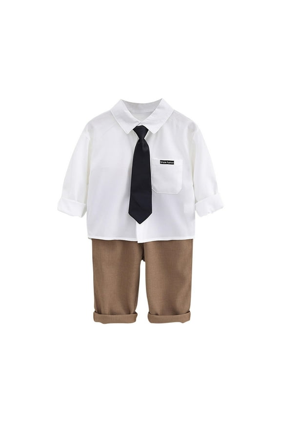 Boy Formal Suits Wedding Outfit Long Sleeve Button Down Dress Shirt Bow Tie Suspender Pants Gentleman Khaki 8-9 Years
