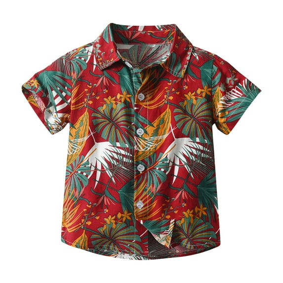 ZACPNCV Boy Girl Hawaiian Shirt Tropical Button Down Blouse Summer Casual Beach Shirt Kid Short Sleeve Tops Red 10-11 Years