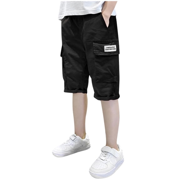 ZACPNCV Boy's Baggy Cargo Shorts Straight Leg Cool Shorts Flap Pocket Letter Patched Short Black 13-14 Years