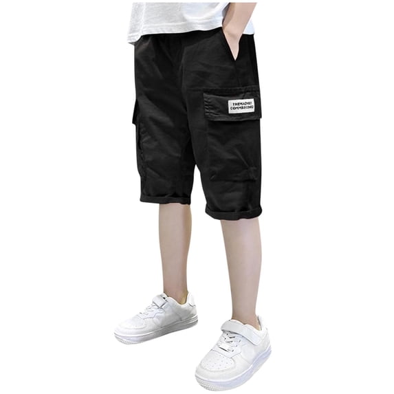 ZACPNCV Boy's Baggy Cargo Shorts Straight Leg Cool Shorts Flap Pocket Letter Patched Short Black 4-5 Years