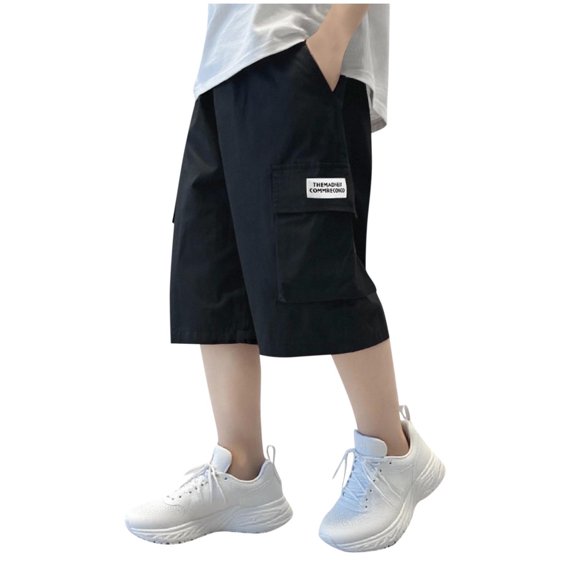 ZACPNCV Boy's Baggy Cargo Shorts Straight Leg Cool Shorts Flap Pocket Letter Patched Short Black 6-7 Years