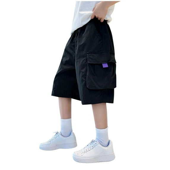 ZACPNCV Boy's Baggy Cargo Shorts Straight Leg Cool Shorts Flap Pocket Letter Patched Short Black 8-9 Years