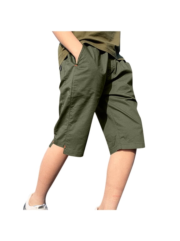 Boy's Baggy Cargo Shorts Straight Leg Cool Shorts Flap Pocket Letter Patched Short Olive Green 4-5 Years
