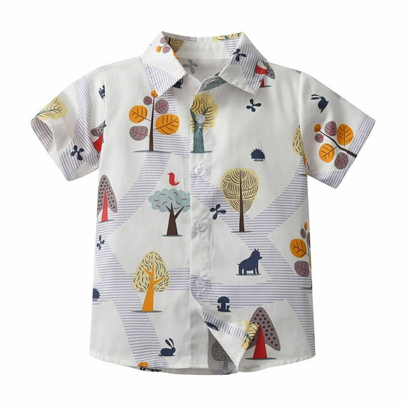 ZACPNCV Boy's Button Down Hawaiian Shirts Short Sleeve Cool Cartoon Print Dress Tops T-Shirt for Kids White 8-9 Years