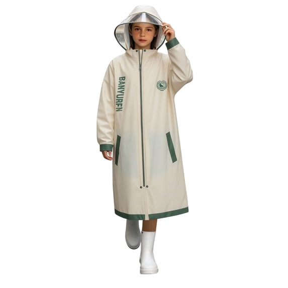 ZACPNCV Boy's Girl's Hooded Rain Poncho Thick Rain Gear Waterproof Eva Emergency Raincoat Full Sleeve Rain Jacket for Outdoor Activities Travel A-Beige