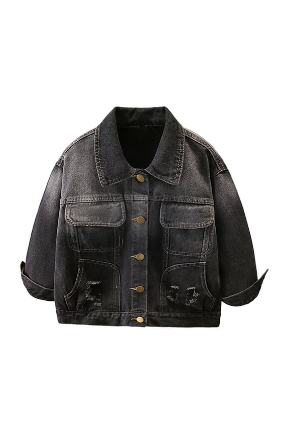 Boy's Girl's Jean Jacket Kids Classic Solid Denim Trucker Jacket Long Sleeve Classic Button Down Jacket Vintage Washed Outerwear Coat Black