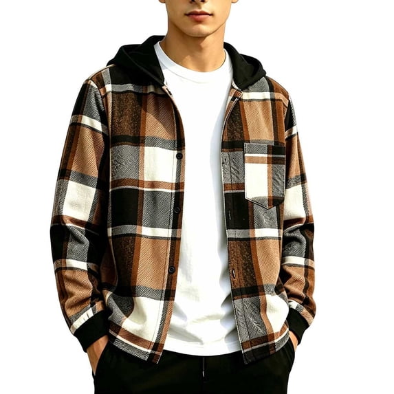 ZACPNCV Boy's Hooded Plaid Flannel Shirt Classic Long Sleeve Button Front Hooded Jacket Vintage Loose Fit Hip Hop Casual Jacket for Streetwear Yellow
