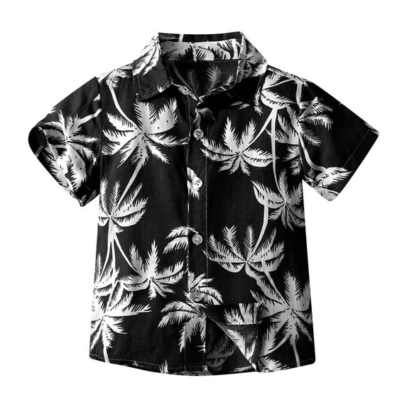 ZACPNCV Boy's Print Button Down Hawaiian Shirt Short Sleeve Tops Little Boy Beach Clothes Print Tops Black 8-9 Years