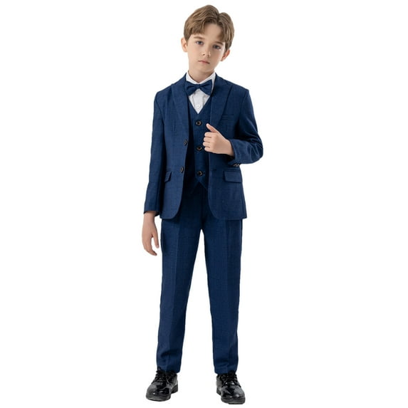 ZACPNCV Boy's Slim Fit Formal Suits 5 Piece Outfit for Ring Bearers Kids Dress Toddler Boy Tuxedo Homecoming Suits for Boys Blue 7-8 Years