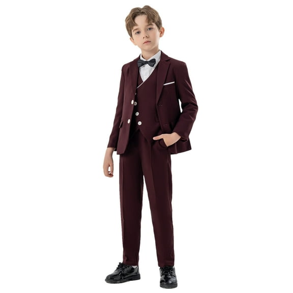 ZACPNCV Boy's Slim Fit Formal Suits 5 Piece Outfit for Ring Bearers Kids Dress Toddler Boy Tuxedo Homecoming Suits for Boys Burgundy 3-4 Years
