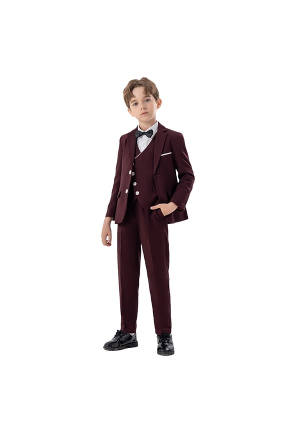 Boy's Slim Fit Formal Suits 5 Piece Outfit for Ring Bearers Kids Dress Toddler Boy Tuxedo Homecoming Suits for Boys Burgundy 7-8 Years