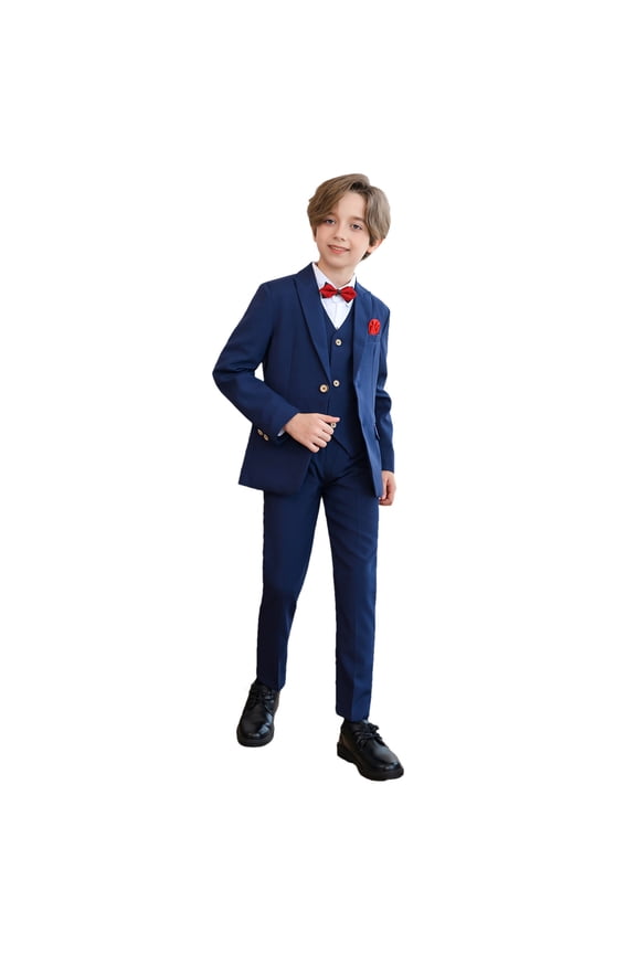 Boy's Slim Fit Formal Suits 6 Piece Outfit for Ring Bearers Kids Dress Toddler Boy Tuxedo Homecoming Suits for Boys Navy 5-6 Years