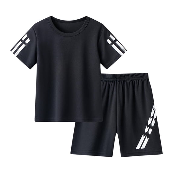 ZACPNCV Boys Active Shorts Set 2 Piece T-shirt and Mesh Shorts Quick-Dry Summer Outfit for Kids Black 8-10 Years