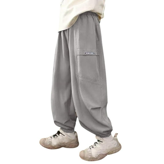 ZACPNCV Boys Baggy Cargo Pants Casual Loose Fit Parachute Pant Harem Joggers Sweatpants with Pockets Gray 9-10 Years