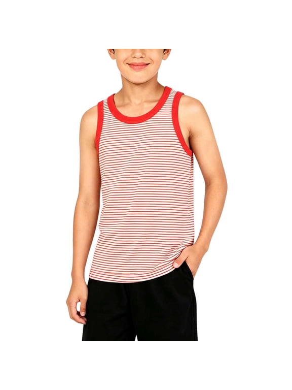 Boys Breathable Mesh Tank Top Striped Summer Sleeveless Undershirt Soft Lightweight Crew Neck Layering Shirt for 1-13Y B-Red